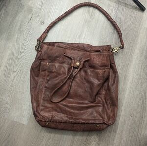 Amsterdam Heritage Brown Leather Braided Handle Drawstring Purse